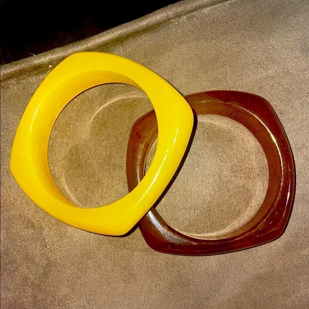 Vintage lucite Yellow and Brown Square Bangles